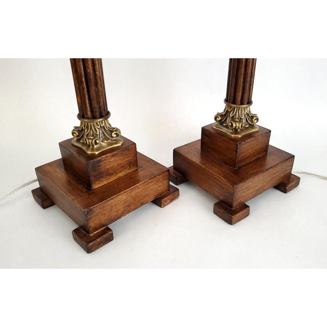 Lamp Pair & Shades Faux Metal Bamboo Restored For Sale - Image 10 of 18