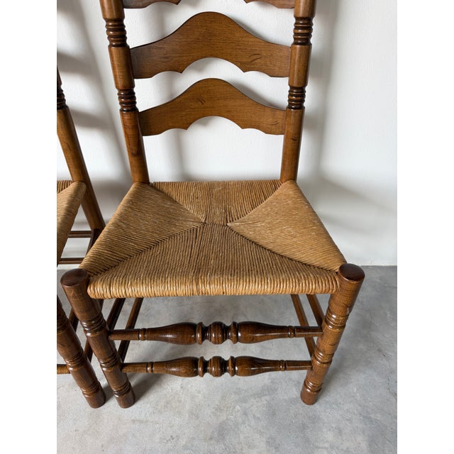 Vintage French Country Style Tall Ladder Back Rush Seat Dining Chairs – Set of 4 For Sale - Image 17 of 18