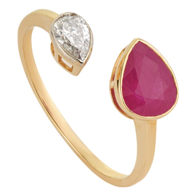 Pear Cut 1.45ct Ruby Diamond Open Face Modern 14k Gold Ring Size 5 For Sale