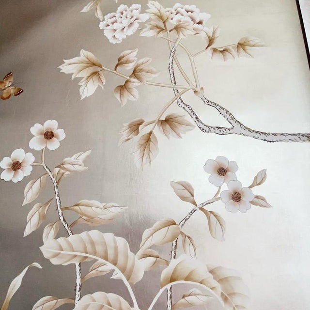 Chinoiserie 36" * H108"/Panel, Luxury Hand-Painted Chinoiserie Wallpaper on Champagne Silver Gilded Paper For Sale - Image 3 of 6