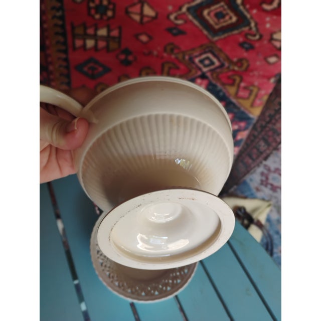 3-piece Leeds Creamware covered dish/ bowl with a ladle. With a pierced lid with porcelain flower on top and a pierced...