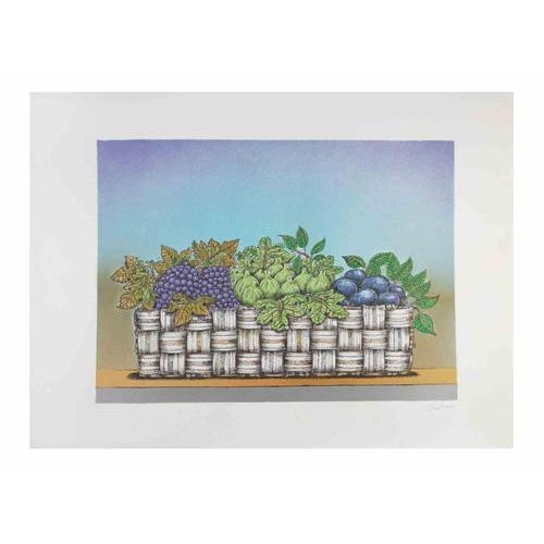 Bruno Caruso, Still Life with Basket of Fruit, Lithograph, 1980s For Sale - Image 3 of 3