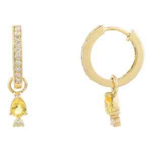14k Yellow Gold Goddess Yellow Sapphire & Diamond Studded Drop Huggies- a Pair - 2 Pieces