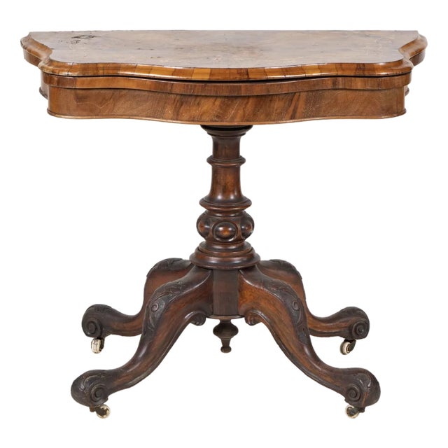 Victorian Burl Walnut & Marquetry Inlaid Flip-Top Game Table, Circa 1870 For Sale