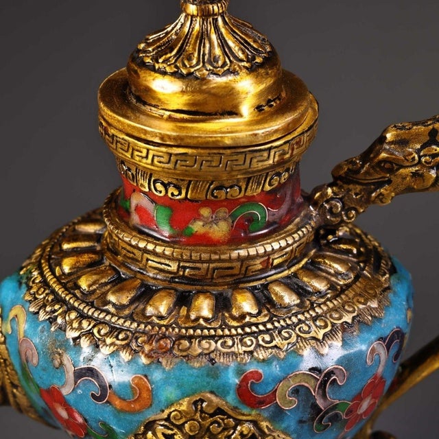 Metal 1980s Gilt Bronze & Cloisonné Dragon Teapots / Ewers - Turquoise Enamel - a Pair For Sale - Image 7 of 10