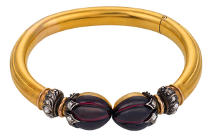 1910s French Belle Epoque Garnet Diamond 18k Yellow Gold Silver Bangle