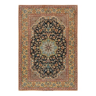 1940s Black Medallion Antique Persian Isfahan Rug 3'7" X 5'7" Handknotted Wool Carpet For Sale