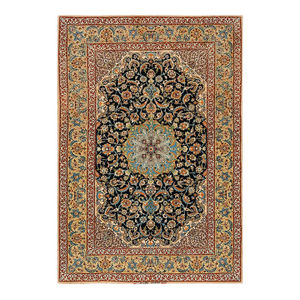 1940s Black Medallion Antique Persian Isfahan Rug 3'7" X 5'7" Handknotted Wool Carpet