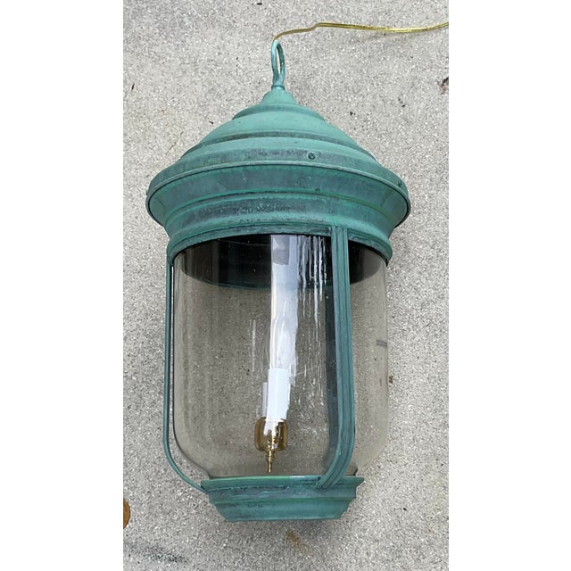 Verdigris Vintage Solid Brass Bell Lantern With Verdigris Patina – Two-Lights Pendant For Sale - Image 8 of 13