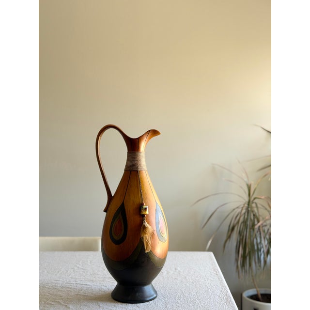 Textile Vintage Midcentury African Bentwood Pitcher Vase With Sculptural Neck and Curving Handle, Teardrop Accents, Feather and Stone Tassel Detail For Sale - Image 7 of 12