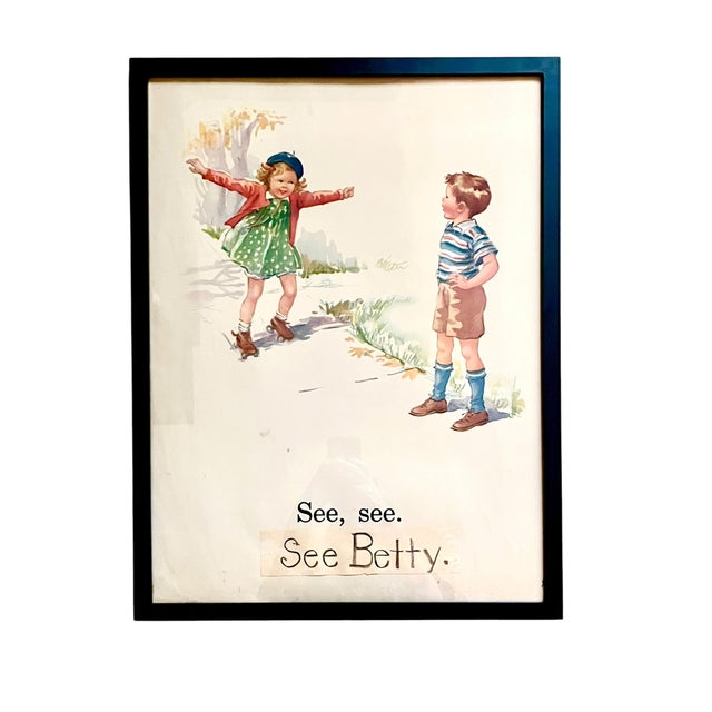 Charming pair of vintage illustrated educational prints featuring two children in playful outdoor scenes with accompanying...