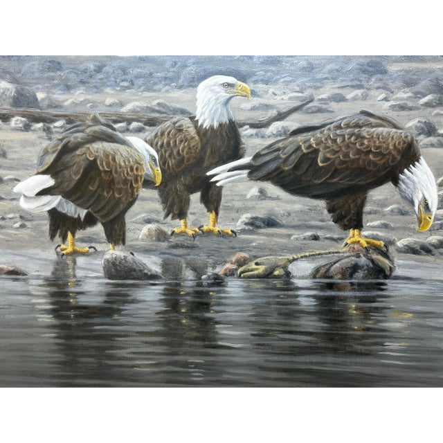 Glass Vintage Realist Painting of North American Bald Eagles Gathering Fishing by Justin Prigmore For Sale - Image 7 of 13