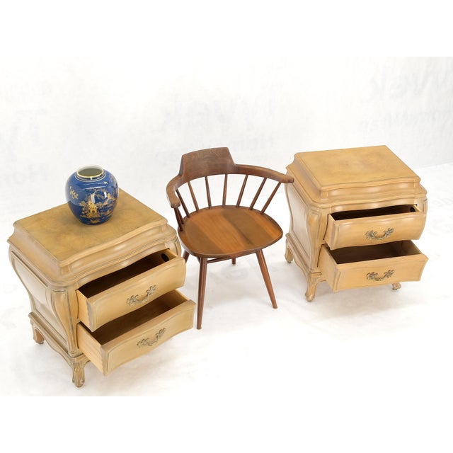 Beige Pair Bombe White Wash Pickled Burl Wood Night Stands End Tables Brass Pulls Mint For Sale - Image 8 of 16