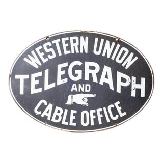 Early 20th Century Original Double Sided Porcelain Western Union Telegraph Sign For Sale