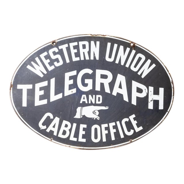 Early 20th Century Original Double Sided Porcelain Western Union Telegraph Sign For Sale