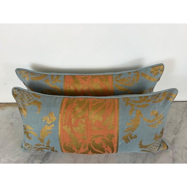 Baroque Nomi Stenciled Linen Lumbar Pillows in Celeste Blue, Usa For Sale - Image 3 of 11