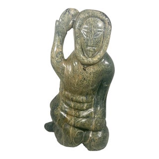 Large 13lb Vintage Inuit Stone Carving - Kneeling Figure in Parka, C. Mid-20th Century For Sale
