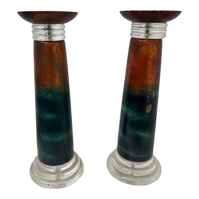 Pair of Postmodern Sculptural Lucite & Ombre Pillar Candleholders For Sale
