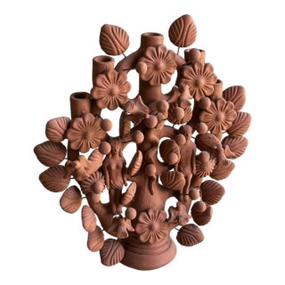 Mexican Folk Art Ceramic Candelabra Tree of Life Adam and Eve For Sale