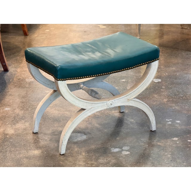Teal 1950s Curule Stool With Teal Leather Seat For Sale - Image 8 of 8
