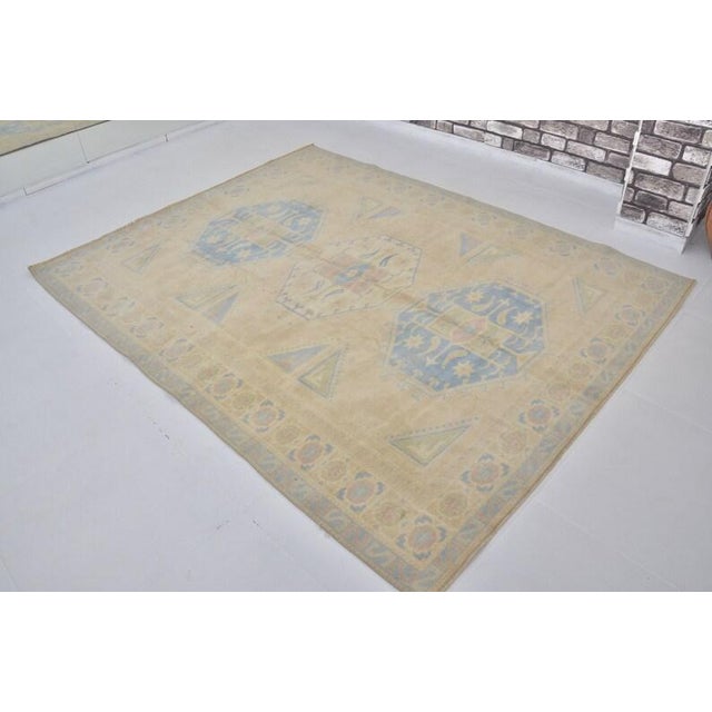 Vintage Anatolian Wool Area Rug, Light Sand Field With Soft Blue Geometric Medallions For Sale In Phoenix - Image 6 of 10