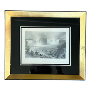 1840 Steel Engraving Titled Niagara Falls Near Clifton House in a Fab Gilt and Black Glass Frame