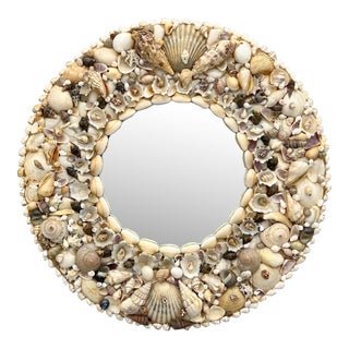 Vintage Petite Round Seashell Shell Encrusted Mirror For Sale