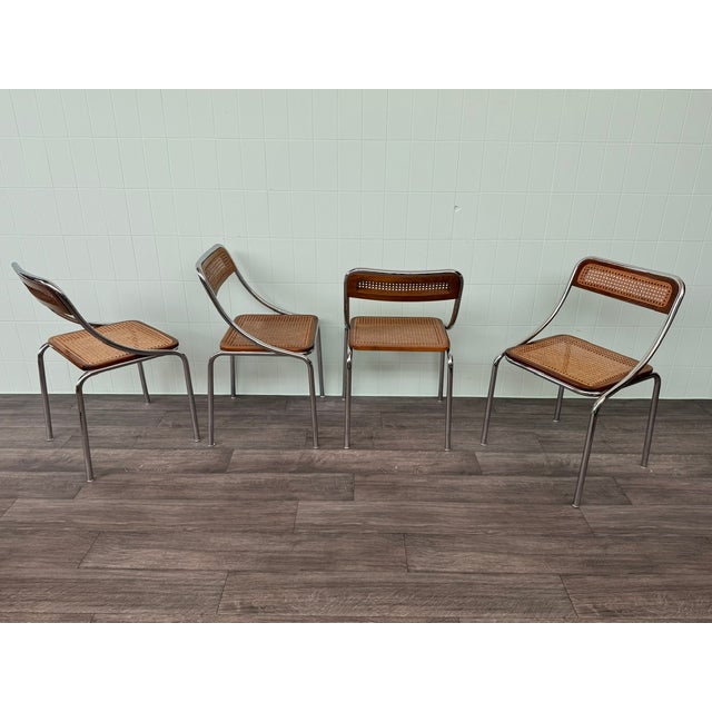 Italian Chairs in Chromed Metal and Vienna Straw, 1970s, Set of 4 For Sale - Image 3 of 14