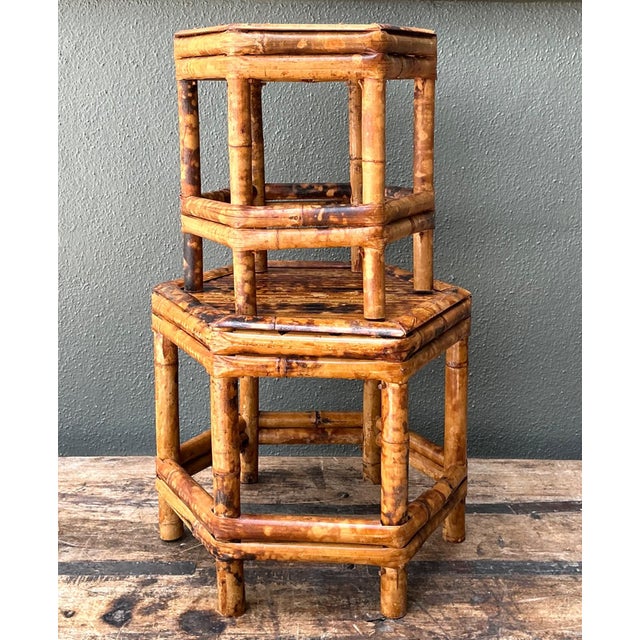 Coffee Vintage Hexagonal Bamboo Orchid Pedestals - Set of 2 For Sale - Image 8 of 12