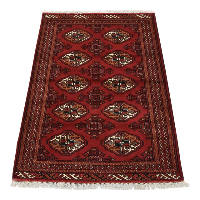 Turkmen Rug 3'4'' X 4'9'' Red Wool Vintage Tribal Hand-Knotted Oriental Carpet For Sale