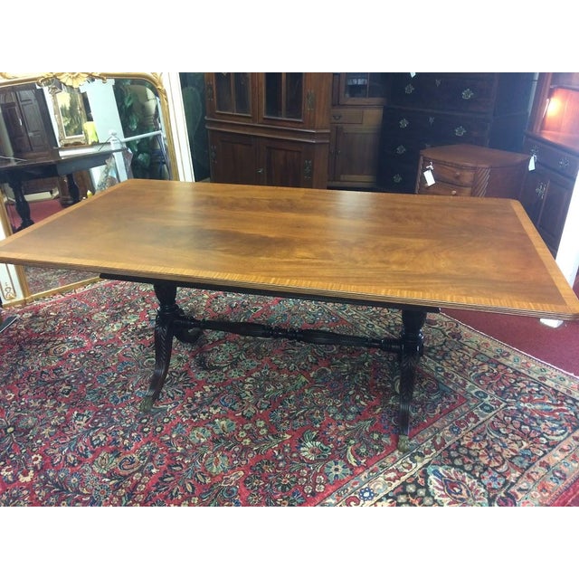 Vintage Banded Mahogany Table, Trestle Style Base Dining Table For Sale - Image 13 of 16
