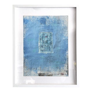 Azure Nocturne White Framed Sky Blue Abstract Painting For Sale
