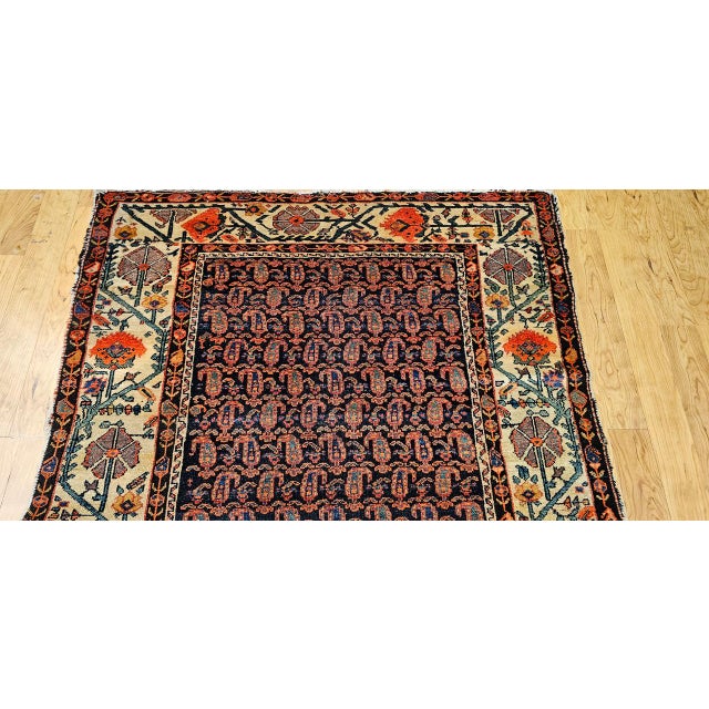 19th Century Persian Kurdish Gallery Rug, Hand-Knotted Wool, All-Over Paisley & Poppy Pattern, Navy & Ivory, 5x10 For Sale - Image 12 of 18