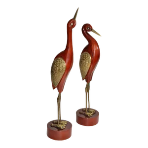 Set of 2 1970s Asian Modern Stylized Brass Wood Handmade Crane Sculptures Round Bases