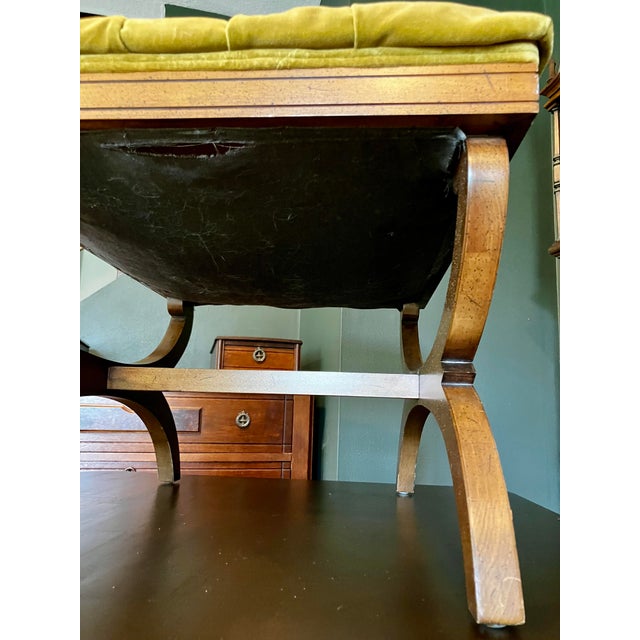 Wood Vintage Regency-Style X-Base Bench by Gilliam Furniture, Featuring Tufted Chartreuse Velvet Upholstery For Sale - Image 7 of 18