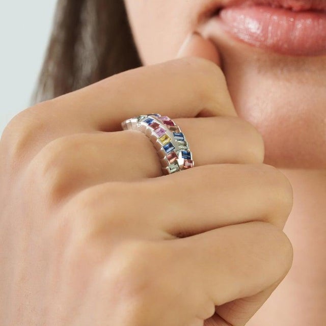 Gemstone 2.3 Ct Modern Multi Sapphire & Diamond Band Ring in 925 Sterling Silver, Size 6 For Sale - Image 7 of 14