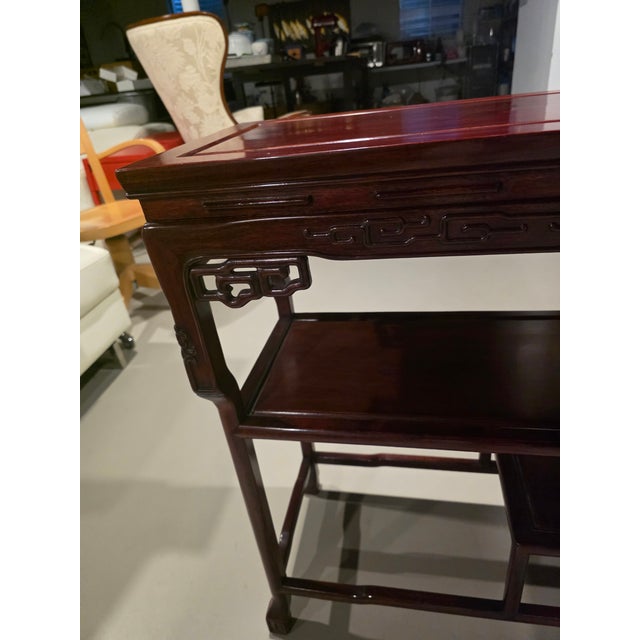 1950s 1950s Chinese-Style Hardwood Console Table With Fretwork Apron and Lower Shelf For Sale - Image 5 of 7