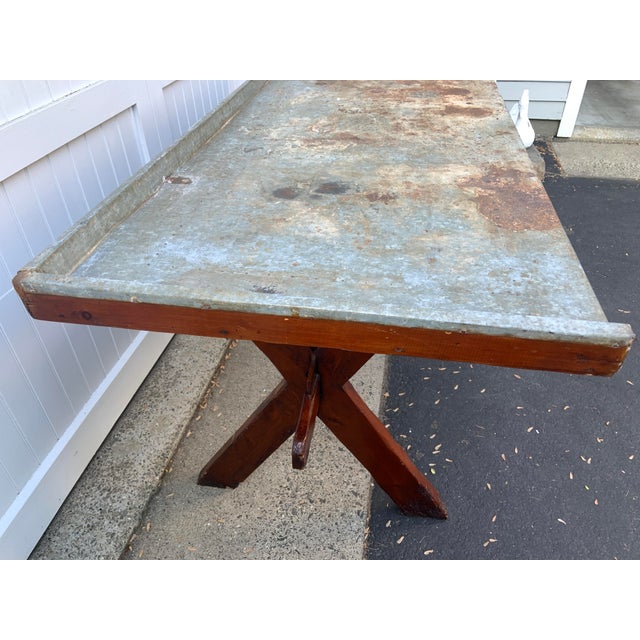 French Country Large Vintage Metal-Topped Rustic Wood Garden Potting Trestle Table For Sale - Image 3 of 15