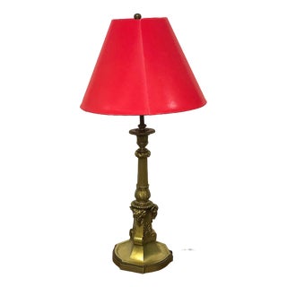 Antique Brass Cherub Table Lamp with Fabric Shade from Unbekannt, 1950s For Sale