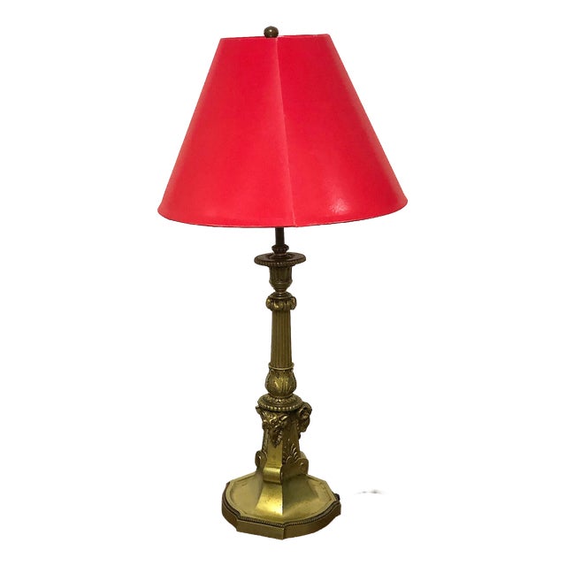Antique Brass Cherub Table Lamp with Fabric Shade from Unbekannt, 1950s For Sale