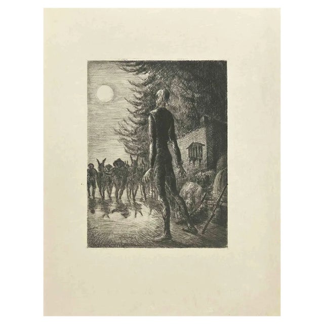 Wladyslaw Jahl, Don Quixote and Full-Moon, Etching, 1951 For Sale