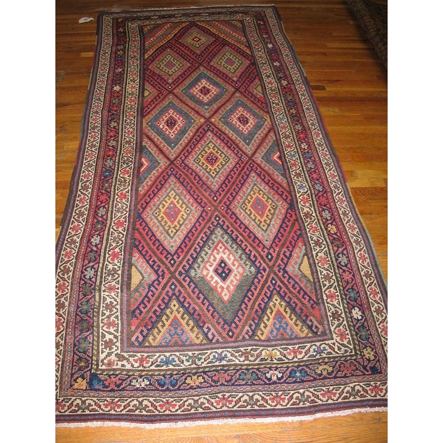 Persian 1890s Red Diamond Tribal Antique Persian Kurdish Rug 4' 2" X 9' 8" Handknotted Wool Carpet For Sale - Image 3 of 6