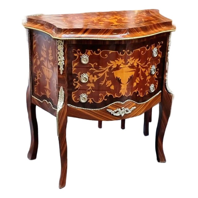 French Louis XV Bedside Table – Elegant Marquetry Nightstand With Three Drawers For Sale