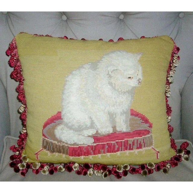 Textile 19th Century Needlepoint Cat Pillow For Sale - Image 7 of 9