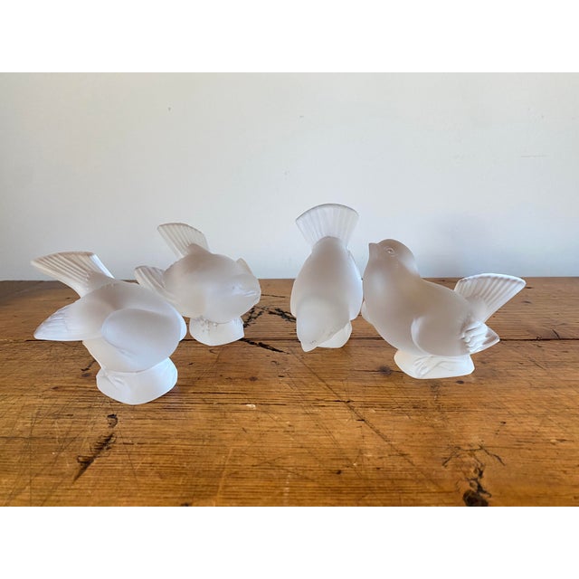 Charming set of 4 Lalique Crystal Sparrows from the Hardi Moineau (Bold Sparrow) series in classic frosted crystal. All...