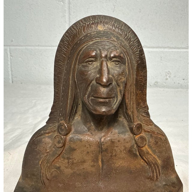 Antique Elaborately Cast Native American Indian Chief Cast Iron Doorstop Statue For Sale - Image 4 of 10