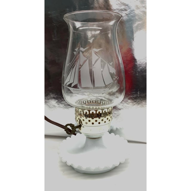Mid Century Opaline Milk Glass Hurricane Lamp Nautical Theme For Sale - Image 4 of 8