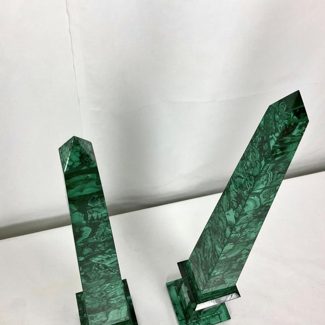 Natural Malachite Obelisk Pair For Sale - Image 10 of 11