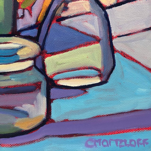 Textile Bottled Moments: Nostalgia in Color and Glass, Contemporary Oil Painting on Canvas, Original Art, Signed For Sale - Image 7 of 8