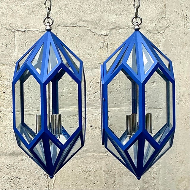 Boho Chic Vintage Boho Charles Edwards Custom Cobalt Lantern For Sale - Image 3 of 11